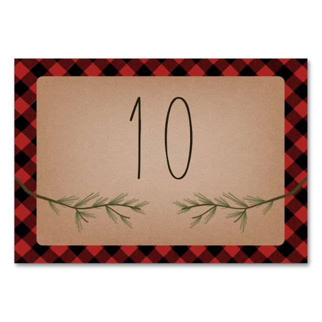 Lumberjack Plaid Evergreen Branches Wedding Table Number (Front)