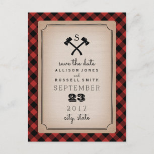 Lumberjack Plaid Monogram Axe Save The Date Announcement Postcard