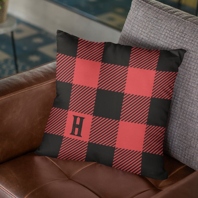 Lumberjack Red & Black Woodsman Monogram Plaid Cushion (Creator Uploaded)