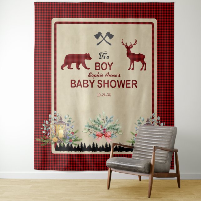 Lumberjack Red Buffalo Baby Shower Backdrop Tapestry (In Situ)