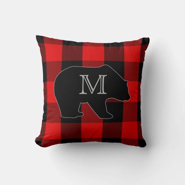 Lumberjack Red Buffalo Check | Monogram Bear Cushion (Front)