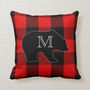 Lumberjack Red Buffalo Check   Monogram Bear Cushion