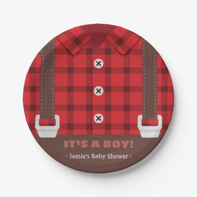 Lumberjack Red Buffalo Plaid Baby Boy Shower Plate (Front)
