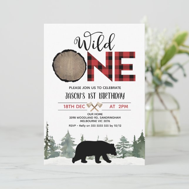 Lumberjack Red Buffalo Plaid Bear 1st Birthday Invitation (Standing Front)