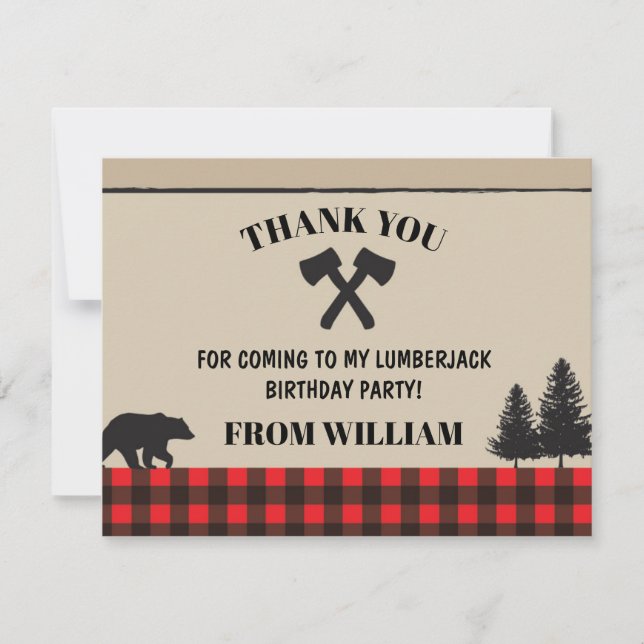 Lumberjack Red Check Birthday Party Thank You Card (Front)