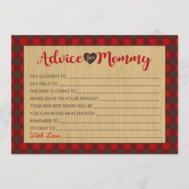 Lumberjack Red Flannel Baby Shower Advice Cards (Front)