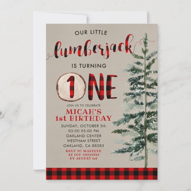 Lumberjack Red Plaid First Birthday Invitation (Front)