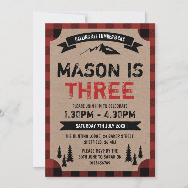 Lumberjack themed birthday party invitation (Front)