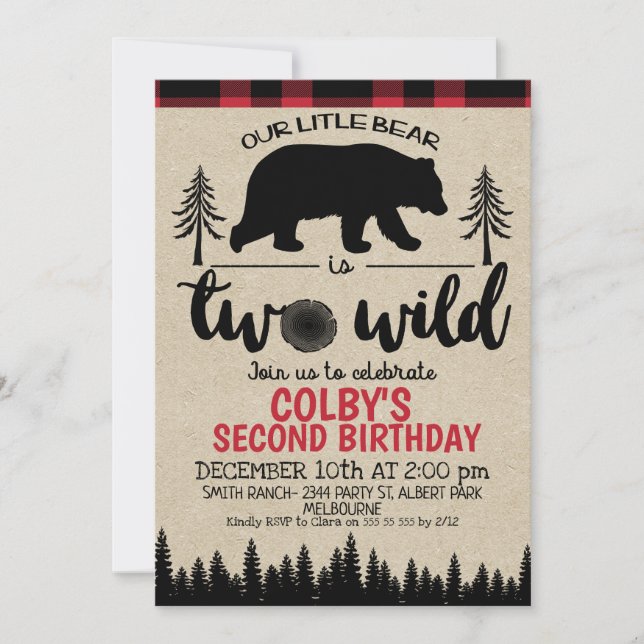 Lumberjack Two Wild Bear 2nd Birthday Invitation (Front)