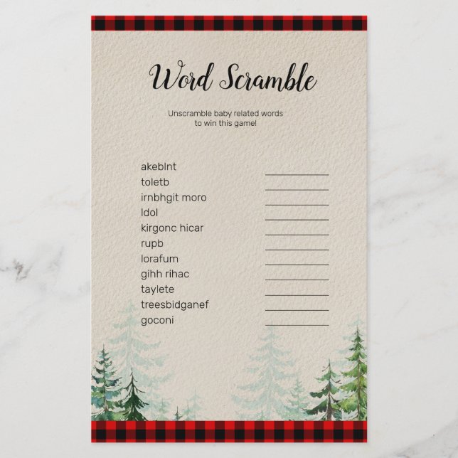 Lumberjack Watercolor Word Scramble Game (Front)