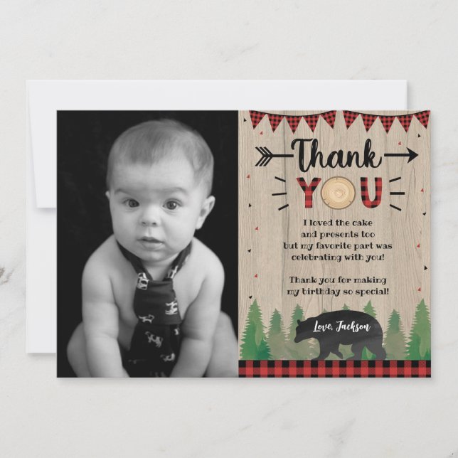 Lumberjack Wild One Bear Birthday Thank you Cards (Front)