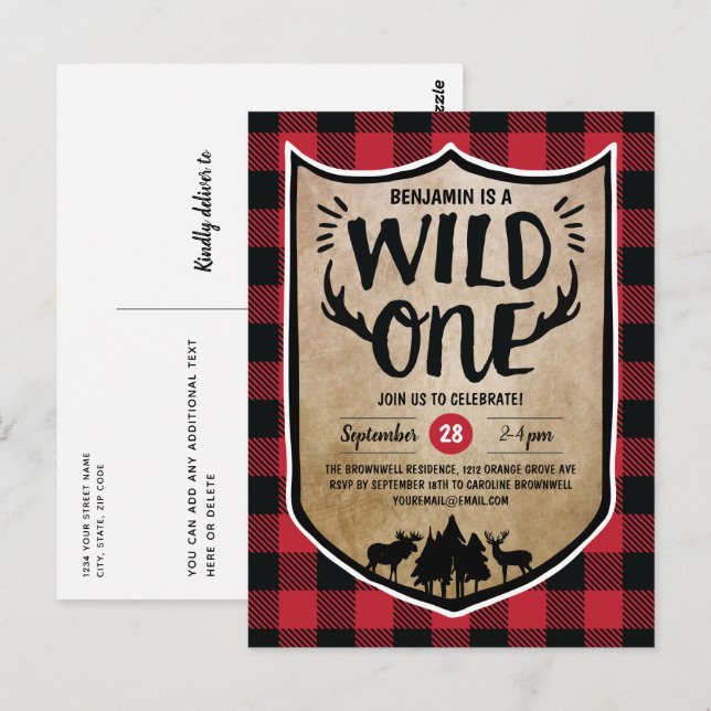 Lumberjack Wild One Boys 1st Birthday Party Postcard (Front/Back)