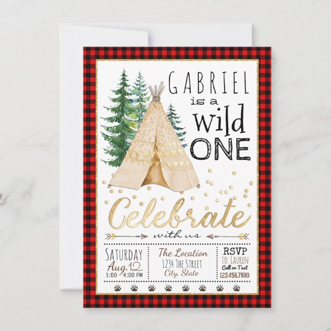 Lumberjack Wild One Tribal TeePee Birthday Party Invitation (Front)
