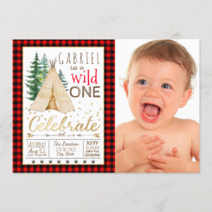 Lumberjack Wild One Tribal TeePee First Birthday Invitation