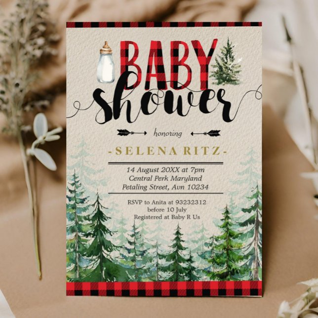 Lumberjack Winter Forest Red Plaid Baby Shower Invitation (Creator Uploaded)