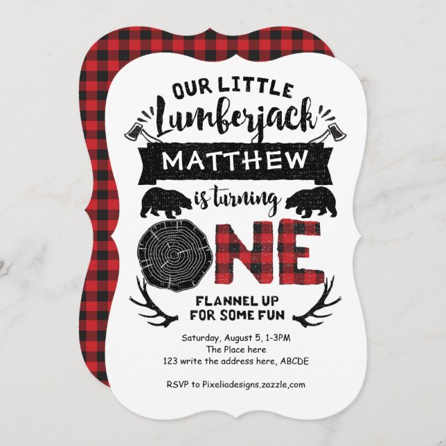 Lumberjack,  Woodland, Adventures, 1st Birthday Invitation (Front/Back)