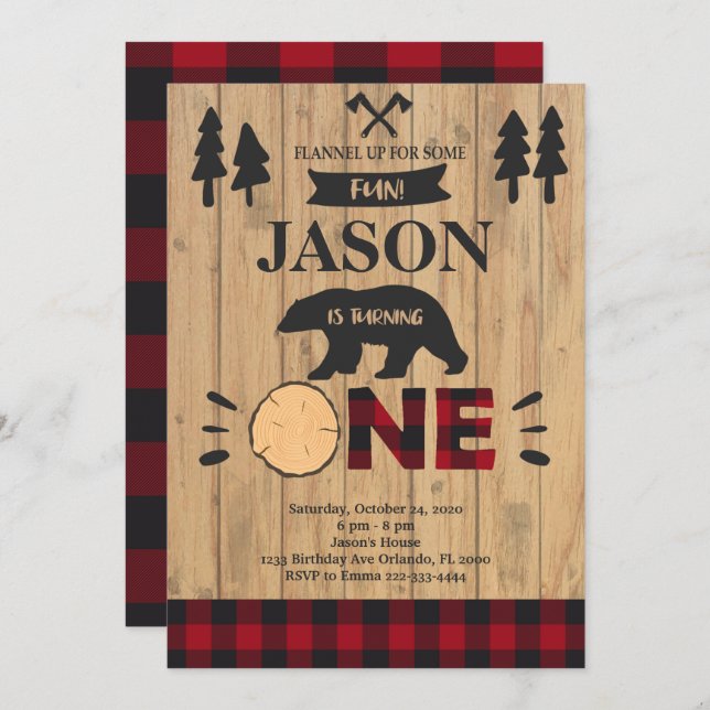 Lumberjack Woodland Boy 1st Birthday Invitation (Front/Back)