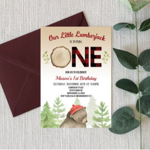 Lumberjack Woodland Forest Bear 1st Birthday Party Invitation