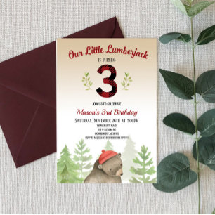 Lumberjack Woodland Forest Bear 3rd Birthday Party Invitation