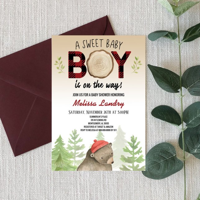 Lumberjack Woodland Forest Bear Boy Baby Shower Invitation (Creator Uploaded)