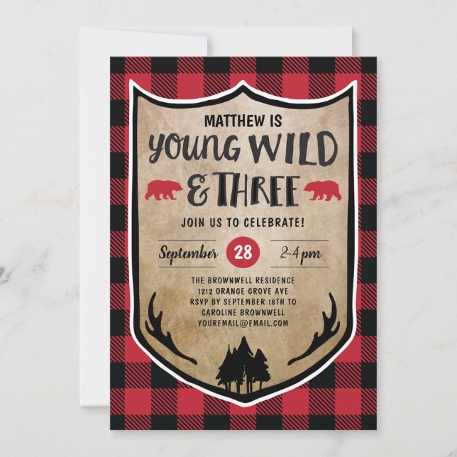 Lumberjack Young Wild and Three Birthday Party Invitation (Front)