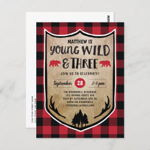 Lumberjack Young Wild and Three Birthday Party Postcard