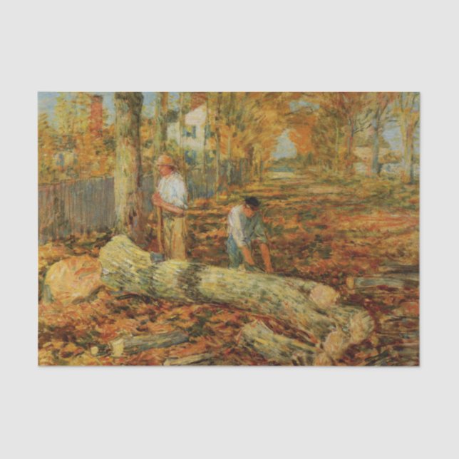 Lumberjacks Cutting Wood (by Childe Hassam) Tissue Paper (Front)