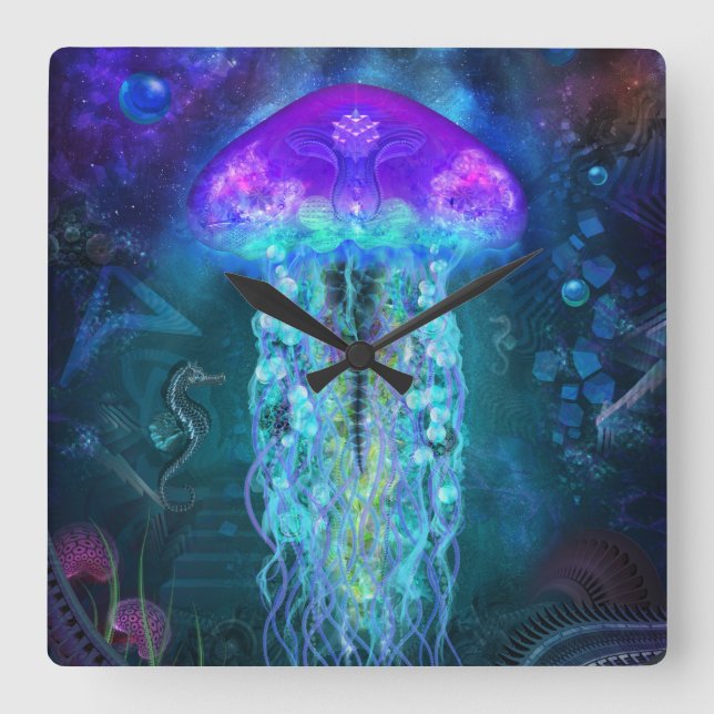 Luminescent Jellyfish Square Wall Clock (Front)