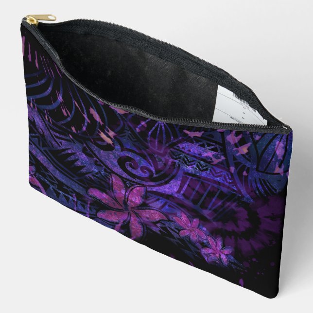 Luminescent Purple Tribal Plumeria Cosmetic Bag –  (Open)
