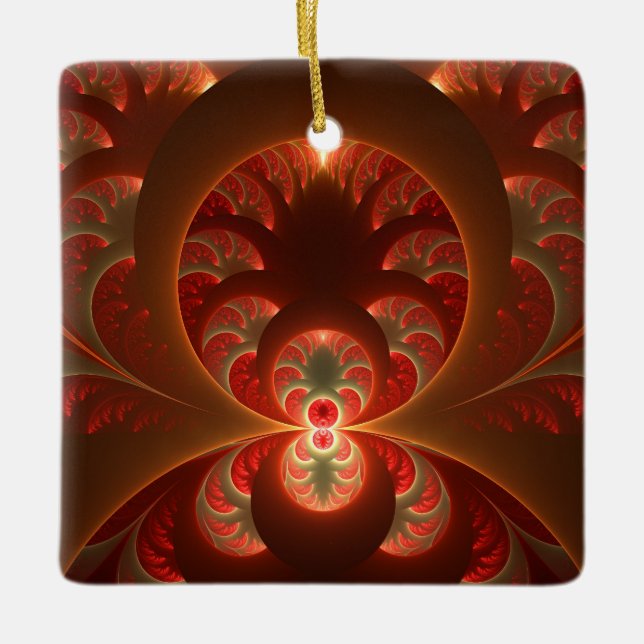 Luminous Abstract Modern Orange Red Fractal Ceramic Ornament (Front)