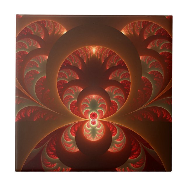 Luminous abstract modern orange red Fractal Ceramic Tile (Front)