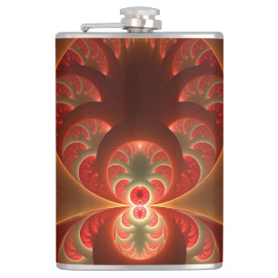 Luminous abstract modern orange red Fractal Hip Flask