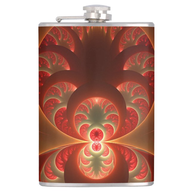 Luminous abstract modern orange red Fractal Hip Flask (Front)