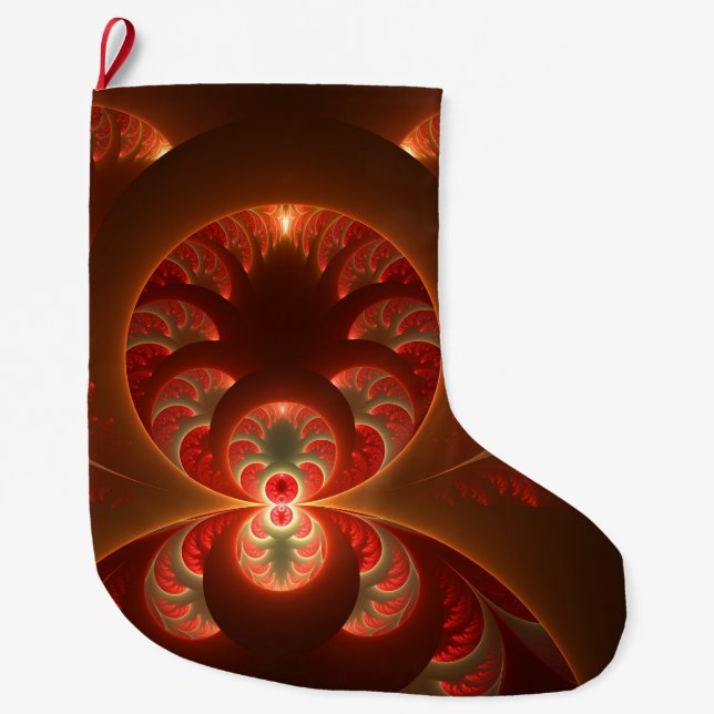 Luminous abstract modern orange red Fractal Large Christmas Stocking (Front)