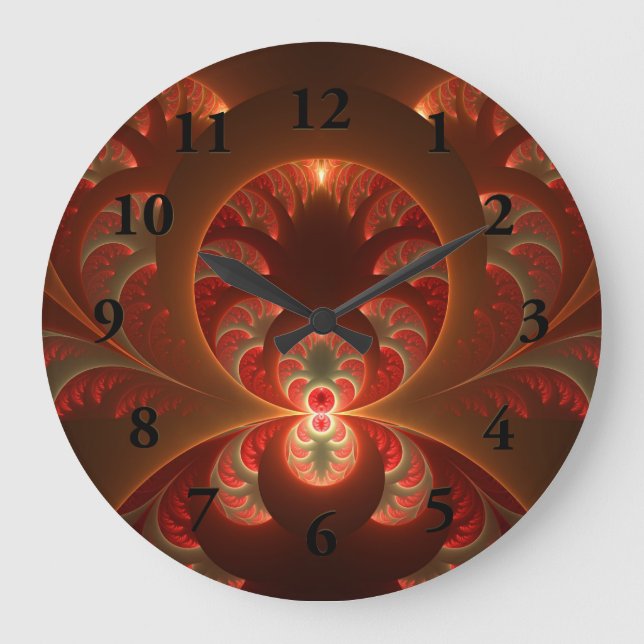 Luminous abstract modern orange red Fractal Large Clock (Front)