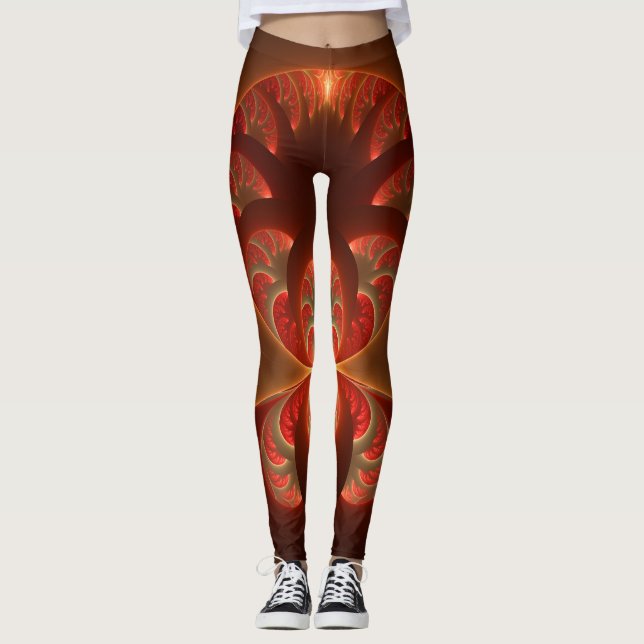 Luminous abstract modern orange red Fractal Leggings (Front)