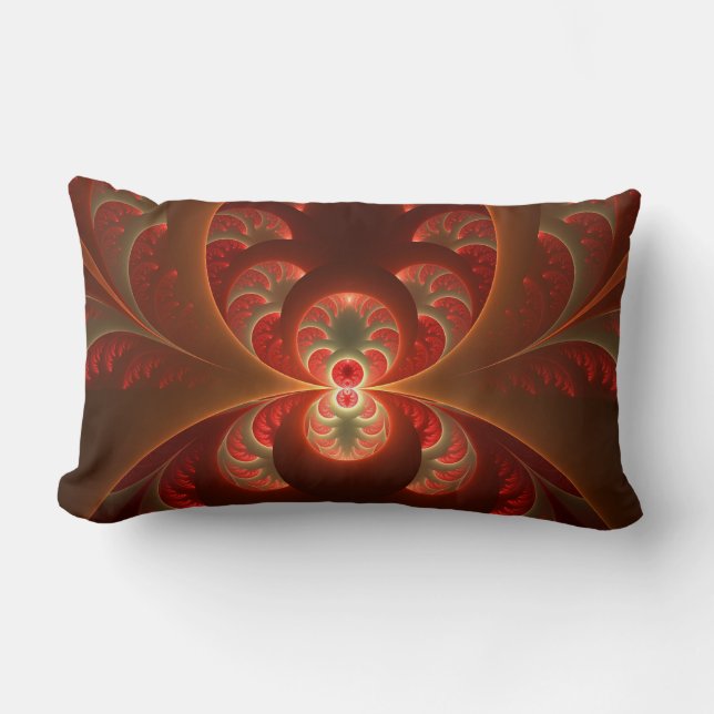 Luminous abstract modern orange red Fractal Lumbar Cushion (Front)