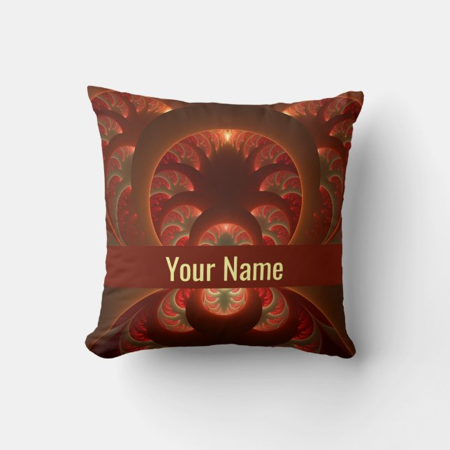 Luminous abstract modern orange red Fractal Name Cushion (Front)
