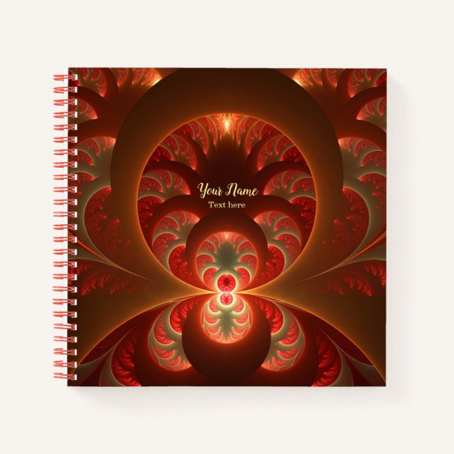 Luminous abstract modern orange red Fractal Name Notebook (Front)