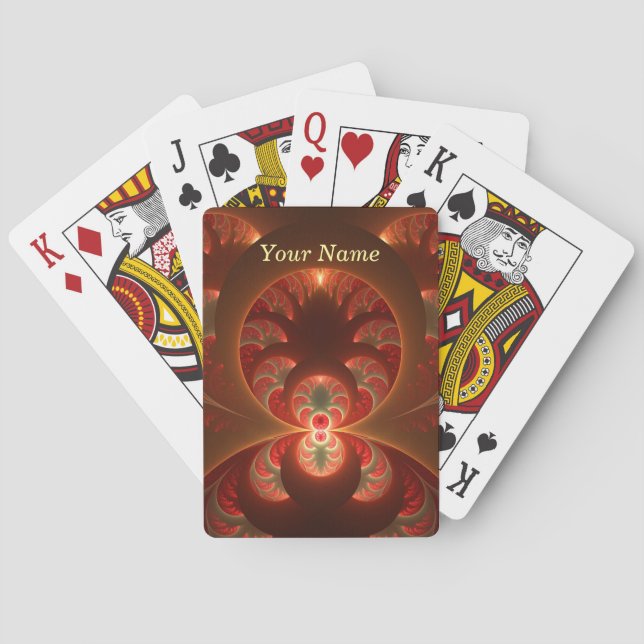 Luminous Abstract Modern Orange Red Fractal Name Playing Cards (Back)