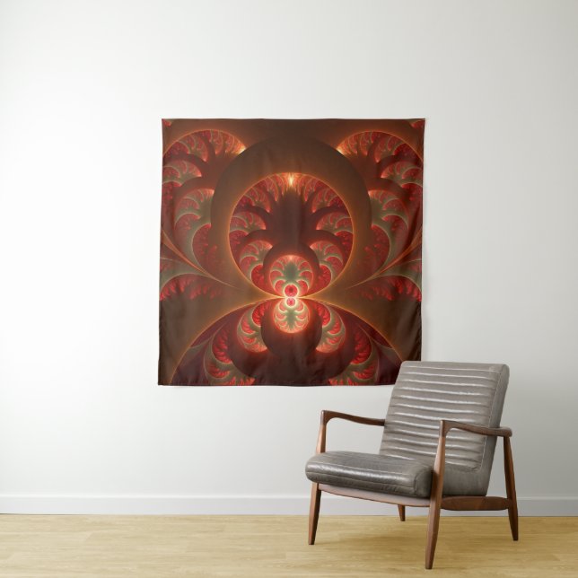 Luminous abstract modern orange red Fractal Tapestry (In Situ)