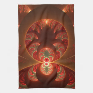 Luminous abstract modern orange red Fractal Tea Towel