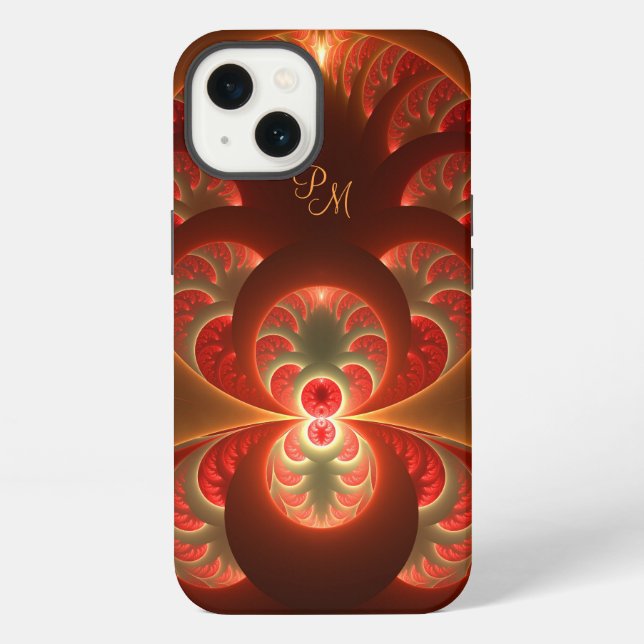 Luminous Abstract Orange Red Fractal Initials iPhone Case (Back)