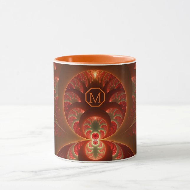Luminous abstract orange red Fractal Monogram Mug (Center)