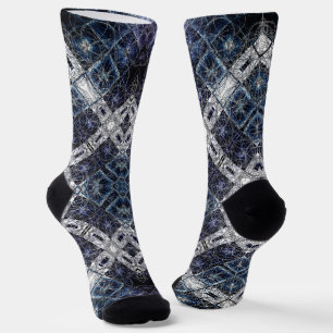 Luminous Blue and White Geometric Lattice Socks