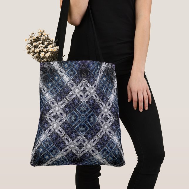 Luminous Blue and White Geometric Lattice Tote Bag (Close Up)