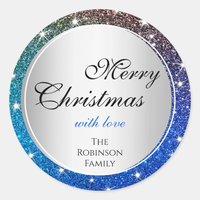 Luminous Blue Gradient Glitter Sparkle Stars X-Mas Classic Round Sticker (Front)