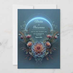 Luminous Blue Halo Midnight Teal Bloom Wedding Invitation