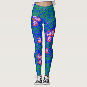 Luminous Blue net w flowers 01 Green BG Leggings