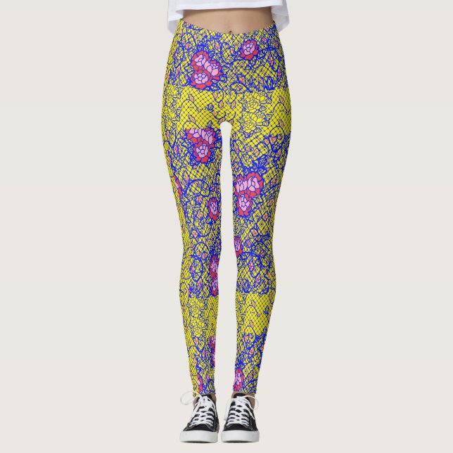Luminous Blue net w flowers 01 Yellow BG Leggings (Front)